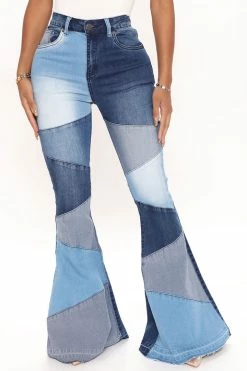 Fashion Nova Fixed You Up Patchwork Flare Jeans - Blue/combo