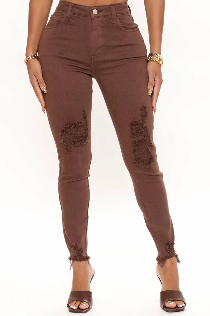 Fashion Nova Feel That Vibe Ripped Skinny Jeans - Chocolate