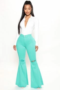 Fashion Nova Mystery Solved Extreme Bell Bottom Jeans - Green Flare Jeans