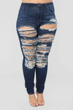 Fashion Nova Skinny Jeans On The Level High Rise Distressed Jeans - Dark Denim