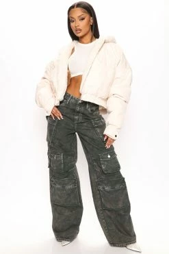 Fashion Nova Wide Leg Jeans Lily High Rise Cargo Jeans - Green