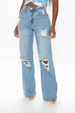 Fashion Nova Searched Far And Wide Leg Jeans - Medium Blue Wash Baggy Jeans