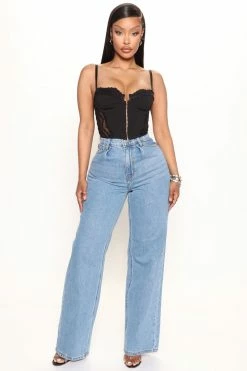 Fashion Nova Topanga High Rise Baggy Straight Leg Jean - Medium Blue Wash Straight Leg Jeans