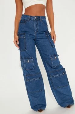 Fashion Nova Tall Lily High Rise Cargo Jeans - Medium Blue Wash