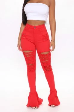 Fashion Nova Flare Jeans Fray What You Mean Flare Leg Jeans - Red