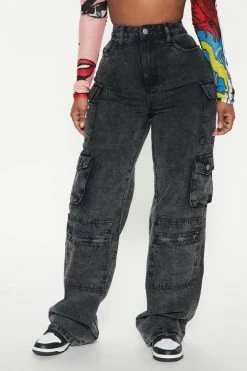 Fashion Nova Mad For You Cargo Jeans - Acid Wash Black Baggy Jeans