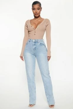 Fashion Nova Chase The Dream Slit Straight Leg Jeans - Light Blue Wash