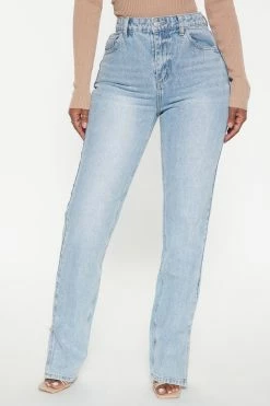 Fashion Nova Chase The Dream Slit Straight Leg Jeans - Light Blue Wash