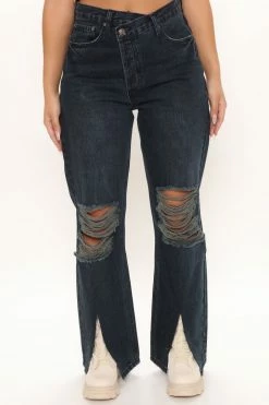 Fashion Nova Straight Leg Jeans Crossover Split Hem Distressed Jeans - Black
