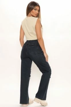 Fashion Nova Straight Leg Jeans Crossover Split Hem Distressed Jeans - Black