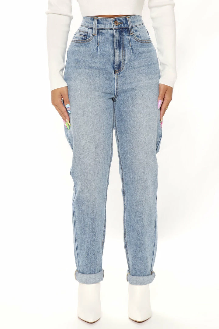 Fashion Nova Mom Jeans Albany Tapered Curvy Roll Cuff Balloon Jeans - Medium Blue Wash