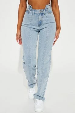 Fashion Nova Lola Reconstructed Waistband Jeans - Light Wash Straight Leg Jeans