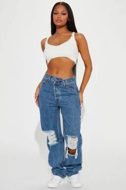 Fashion Nova Distressed Crossover Straight Leg Jeans - Medium Blue Wash