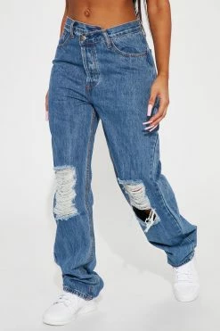 Cheapest ๐ Fashion Nova Distressed Crossover Straight Leg ๐ Jeans - Medium Blue Wash ๐ 15 Fashion Nova Distressed Crossover Straight Leg Jeans - Medium Blue Wash
