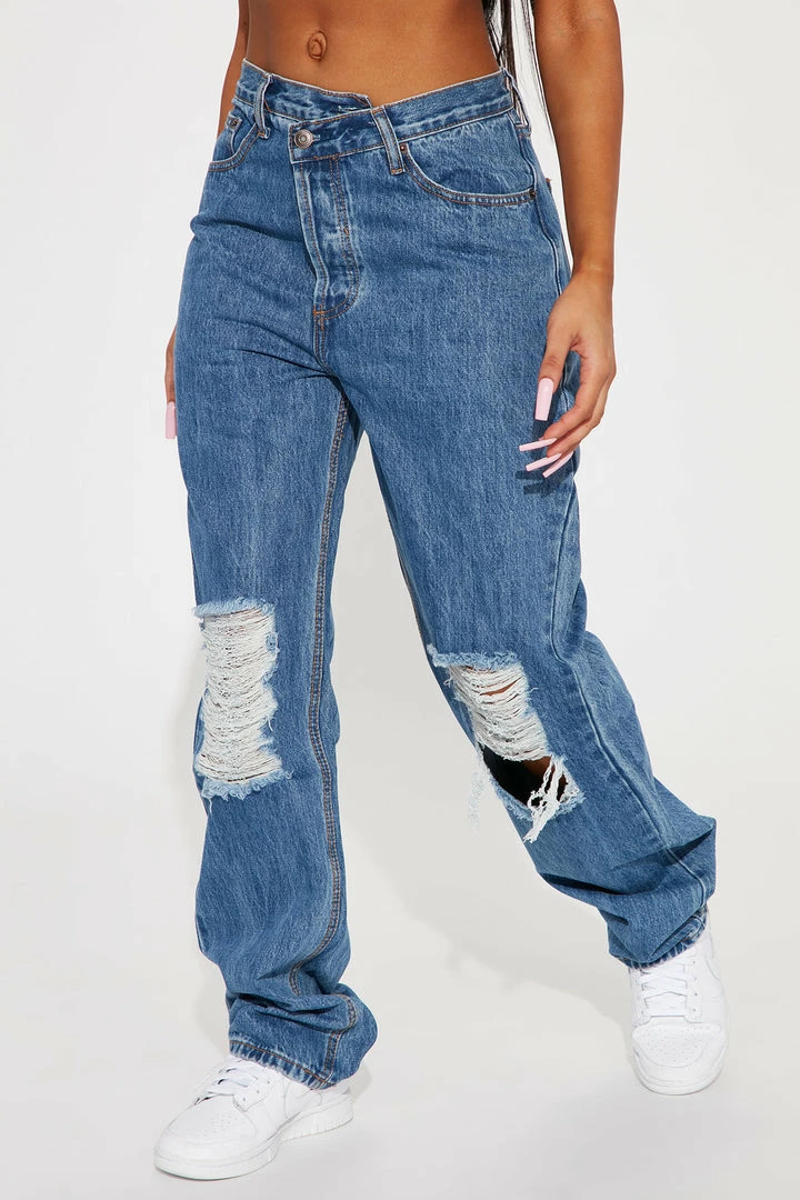 Cheapest ๐ Fashion Nova Distressed Crossover Straight Leg ๐ Jeans - Medium Blue Wash ๐ 4 Fashion Nova Distressed Crossover Straight Leg Jeans - Medium Blue Wash
