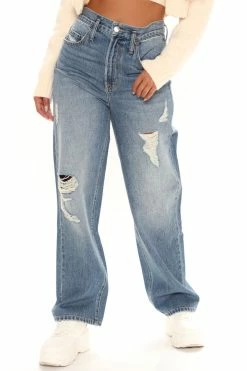 Fashion Nova Maxing And Relaxing Non Stretch Slouchy Jeans - Medium Blue Wash Baggy Jeans