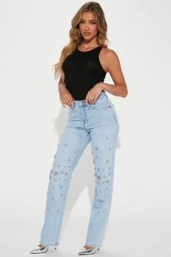 Fashion Nova When Stars Align Embellished Straight Leg Jeans - Light Wash