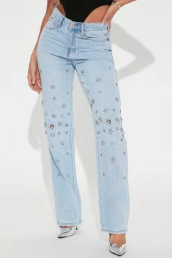 Fashion Nova When Stars Align Embellished Straight Leg Jeans - Light Wash
