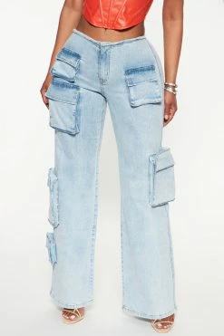 Fashion Nova Flare Jeans Kelly Cargo Low Rise Straight Jeans - Light Wash