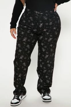 Fashion Nova Ditsy Floral Print Straight Leg Jeans - Black