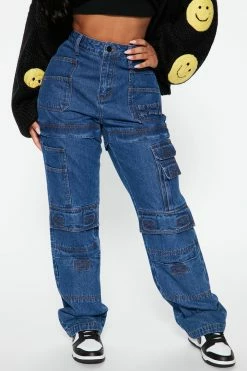 Fashion Nova Baggy Jeans Totally Sick Cargo Jeans - Dark Denim