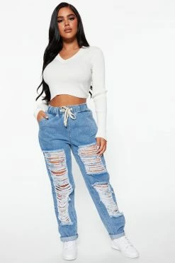 Fashion Nova Life Of The Party Shredded Mom Jeans - Medium Blue Wash