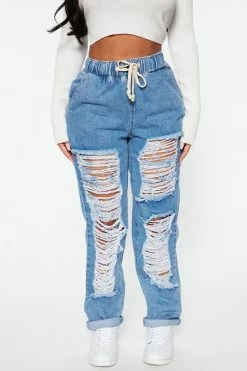 Fashion Nova Life Of The Party Shredded Mom Jeans - Medium Blue Wash