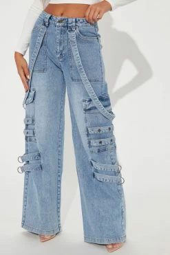 Fashion Nova Open Air Suspended Cargo Straight Jeans - Medium Wash Flare Jeans
