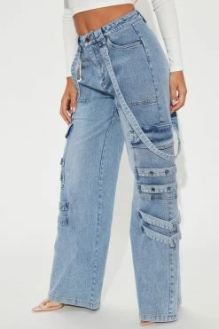 Fashion Nova Open Air Suspended Cargo Straight Jeans - Medium Wash Flare Jeans