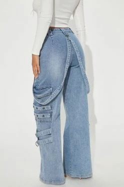 Fashion Nova Open Air Suspended Cargo Straight Jeans - Medium Wash Flare Jeans