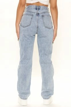 Fashion Nova Distressed Crossover Straight Leg Jeans - Light Blue Wash