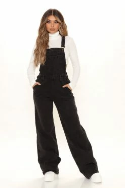 Fashion Nova Keep It Loose Wide Leg Denim Overalls - Black Flare Jeans