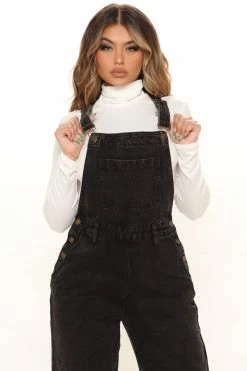 Fashion Nova Keep It Loose Wide Leg Denim Overalls - Black Flare Jeans