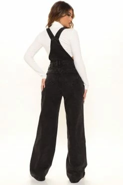 Fashion Nova Keep It Loose Wide Leg Denim Overalls - Black Flare Jeans