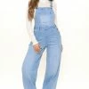 Fashion Nova Flare Jeans Keep It Loose Wide Leg Denim Overalls - Medium Blue Wash
