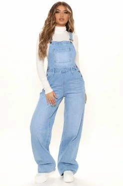 Fashion Nova Flare Jeans Keep It Loose Wide Leg Denim Overalls - Medium Blue Wash