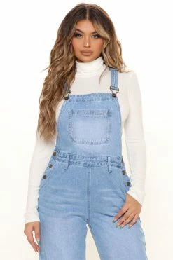 Fashion Nova Flare Jeans Keep It Loose Wide Leg Denim Overalls - Medium Blue Wash