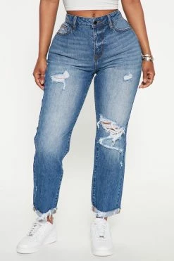 Fashion Nova Halie Half Cuff Straight Leg Jeans - Dark Wash