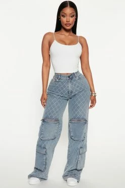Fashion Nova Missing You Cargo Jeans - Light Blue Wash Baggy Jeans