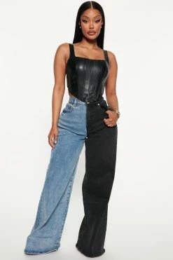 Fashion Nova Gemini Two Tone Baggy Jeans - Blue/Black