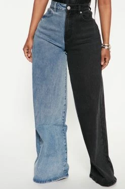 Fashion Nova Gemini Two Tone Baggy Jeans - Blue/Black