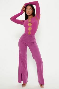 Fashion Nova Brooklyn Slit Hem Straight Leg Jean - Purple Straight Leg Jeans