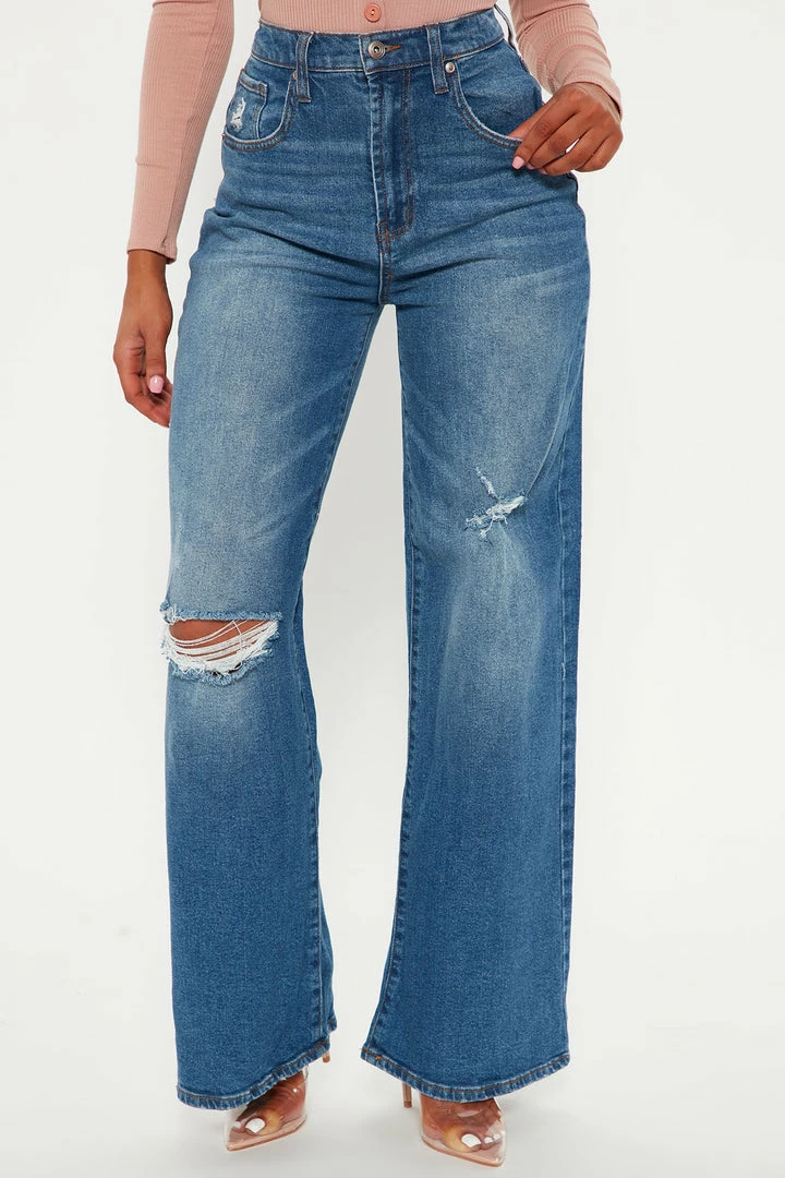 Fashion Nova Oh So 90's Ripped Wide Leg Jeans - Medium Blue Wash