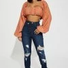 Fashion Nova Debut Distressed Crossover Skinny Jeans - Dark Denim