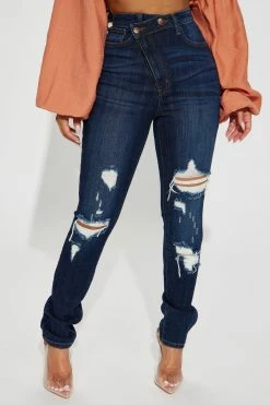 Fashion Nova Debut Distressed Crossover Skinny Jeans - Dark Denim