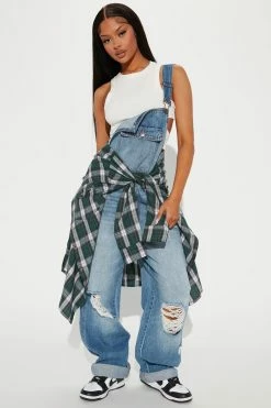 Fashion Nova Baggy Jeans Bring It Boyfriend Overalls - Medium Blue Wash