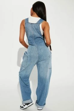 Fashion Nova Baggy Jeans Bring It Boyfriend Overalls - Medium Blue Wash