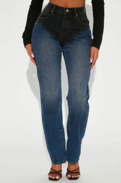Fashion Nova Tennessee Two Tone Straight Leg Jeans - Dark Wash