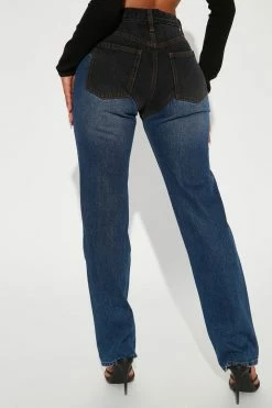 Fashion Nova Tennessee Two Tone Straight Leg Jeans - Dark Wash