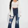 Fashion Nova Racing Heart Ripped Flare Jeans - Dark Wash